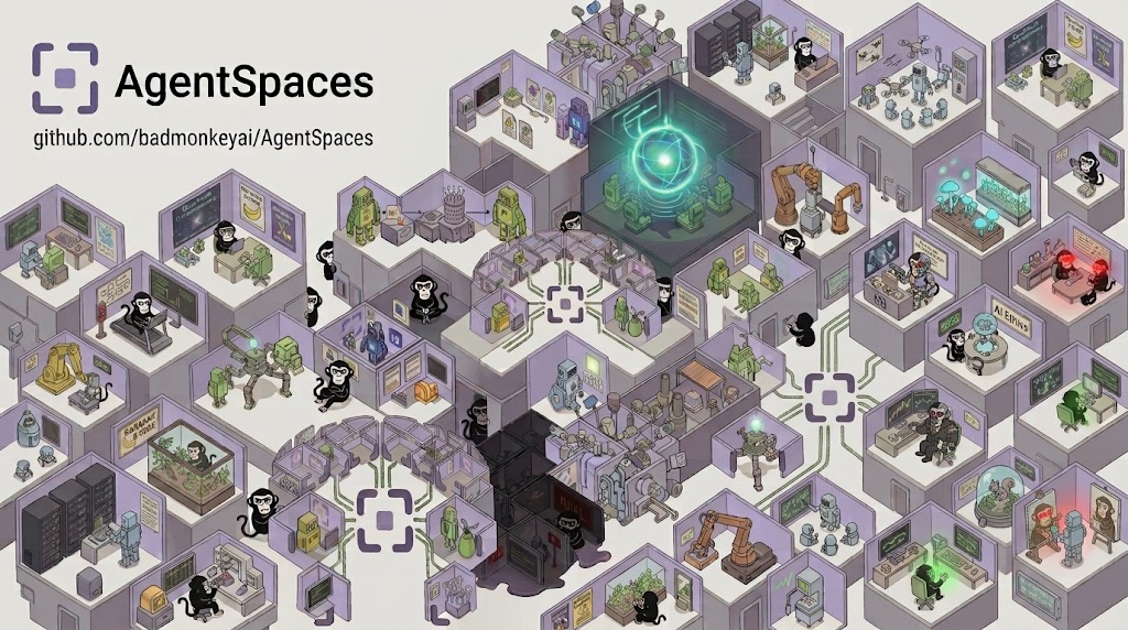 A crowded isometric office floor. Cartoon monkeys in glasses and small robots work at desks in lavender cubicles, robot arms assemble parts, server racks hum in a corner, a glowing sphere sits in a dark glass room, and three square bracket marks on the floor connect to the cubicles with dotted lines.